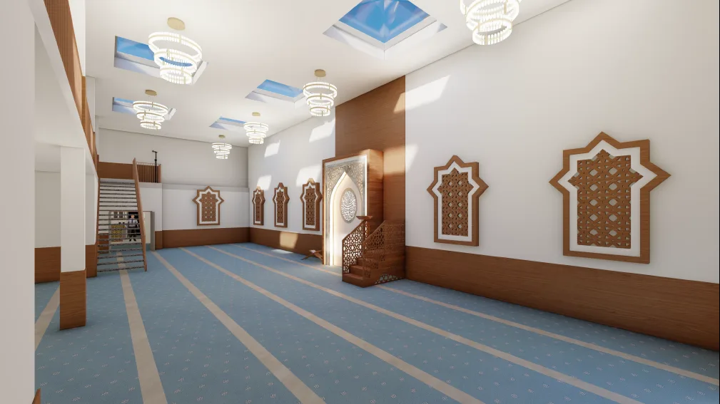 Der Gebetsraum ist der zentrale Bestandteil einer Moschee. Holzverzierungen an den Wänden schmücken einen Gebetsraum.